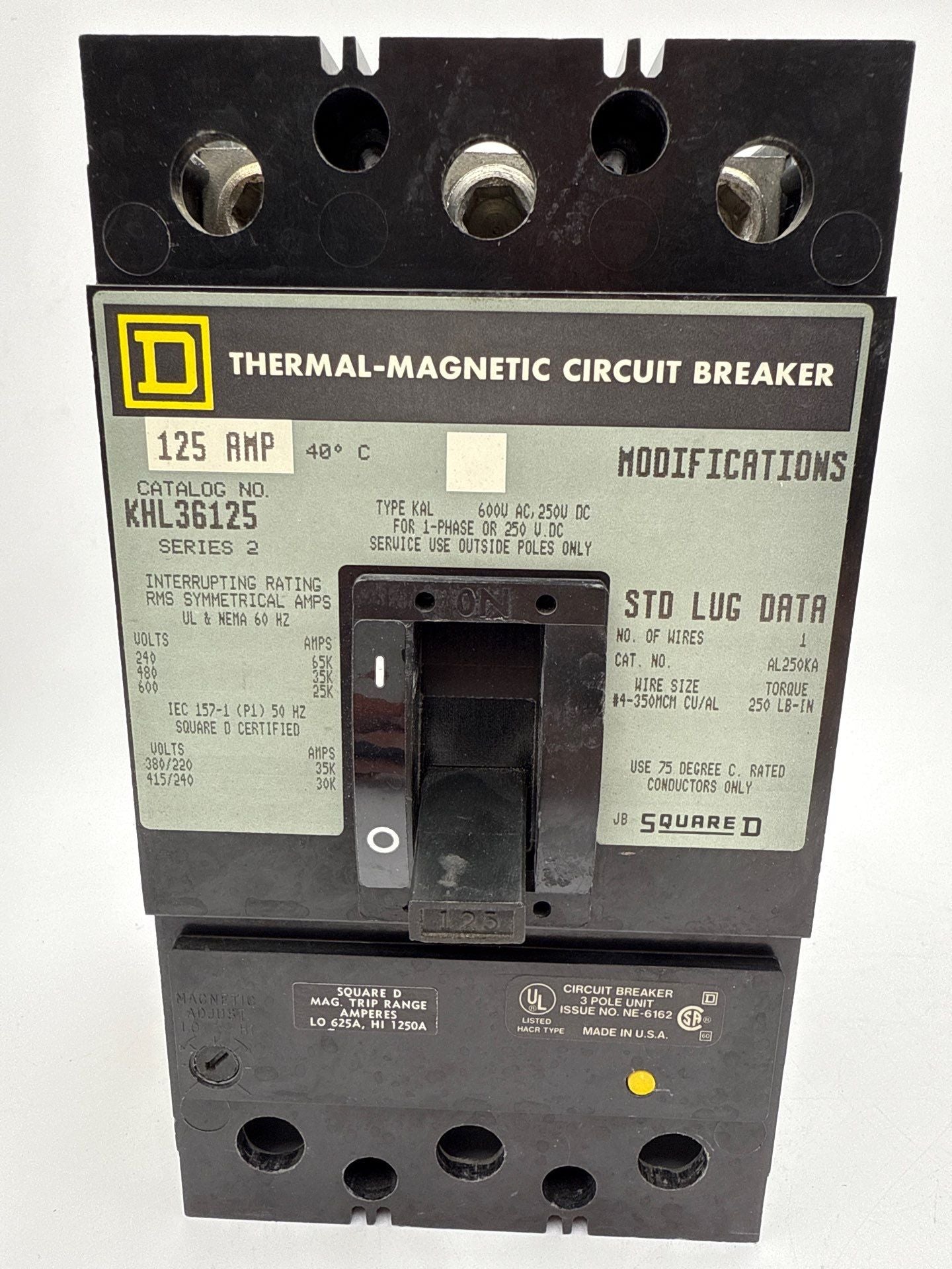 Square D KHL36125 Circuit Breaker 125A 3P 600V KAL 125 Amp 3 Pole Bolt On Used