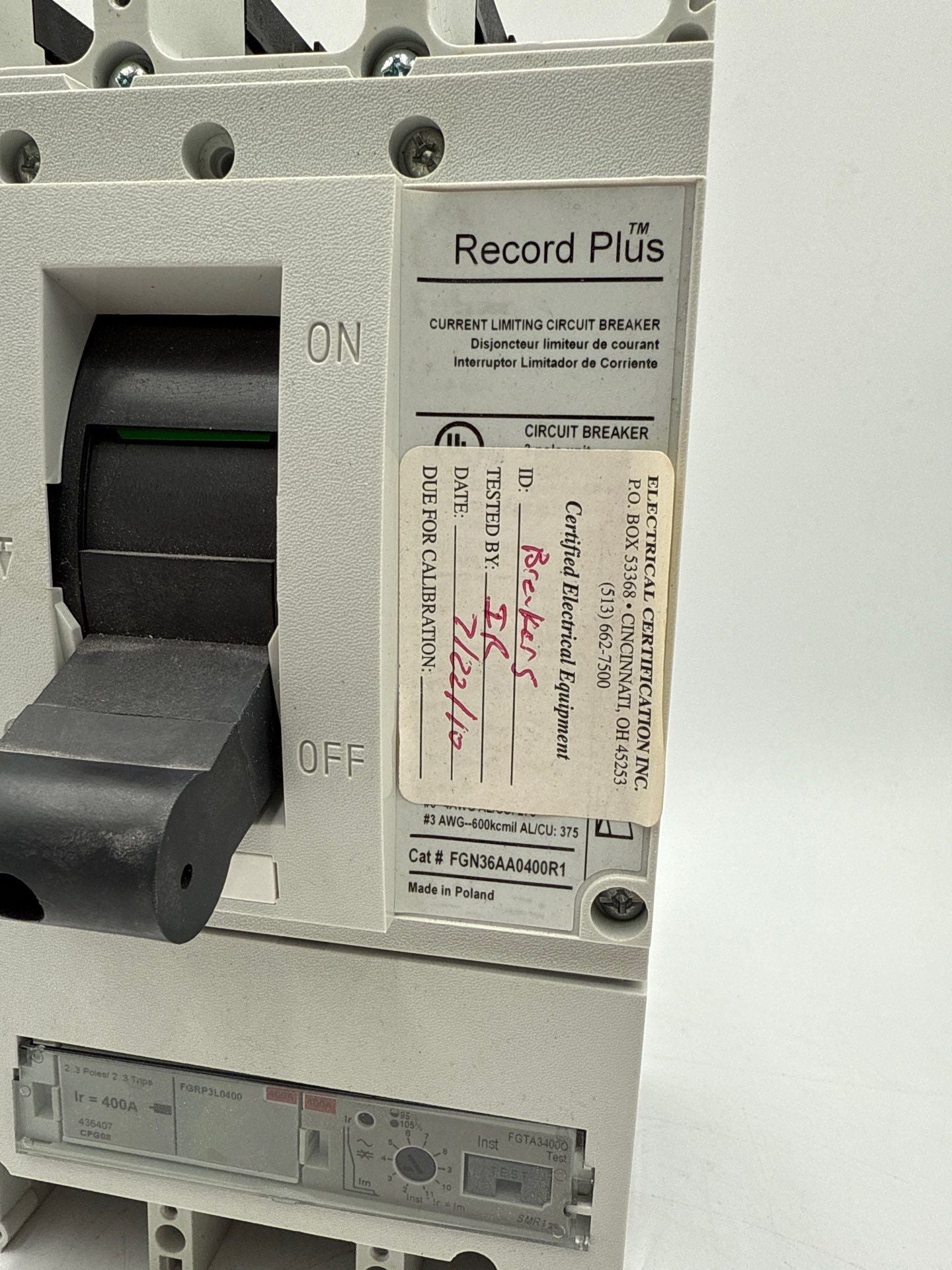 GE FGN36DB400 Circuit Breaker 400A 3P 600V 3PH FGRP3L0400 Trip 400 Amp Used