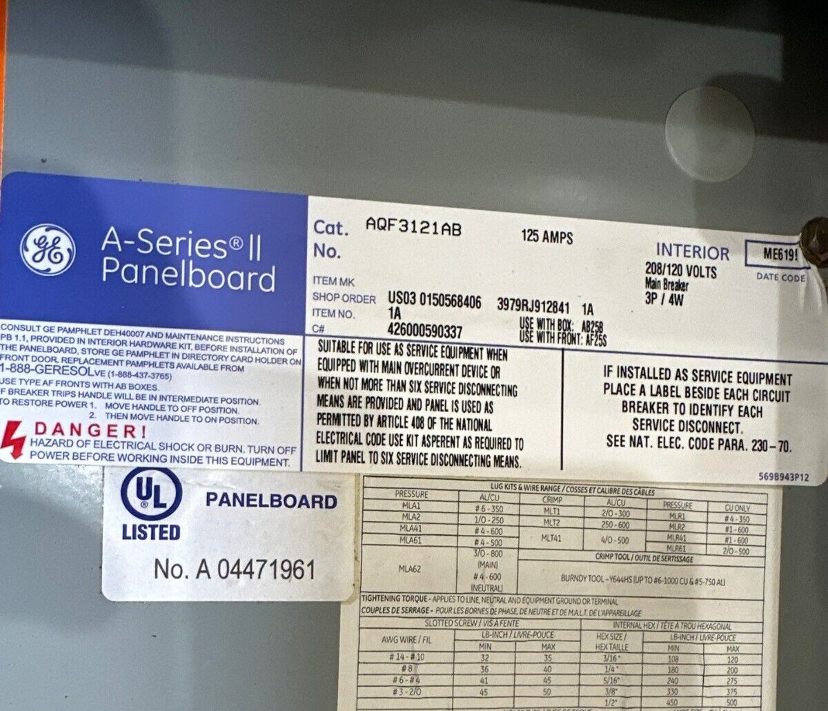 GE AQF3121AB Panelboard 125A 208/120V 3PH 4W 18Cir 3R Outdoor Encl MCB 30A Main P485 Used