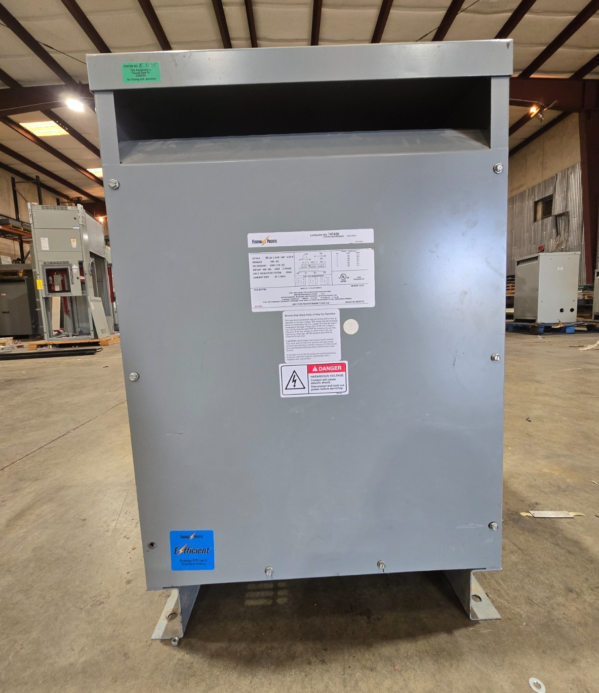 45KVA Federal Pacific T4T45E Transformer Pri 480V Sec 208/120V 3PH Indoor Encl Used