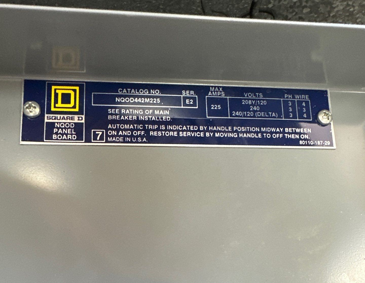 Square D NQOD442M225 Panelboard 225A 208/120V 3PH MCB Panel Indoor 225 Amp P337 Used