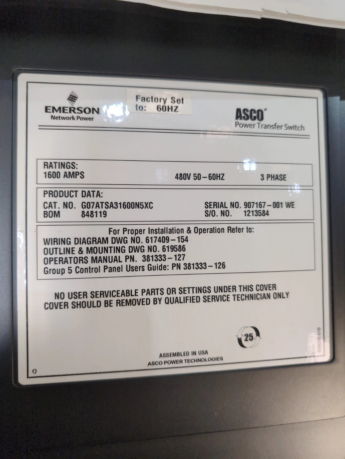 ASCO 7000 Series 1600 Amp 480V 3PH Automatic Transfer Switch G07ATSA31600N5XC Used