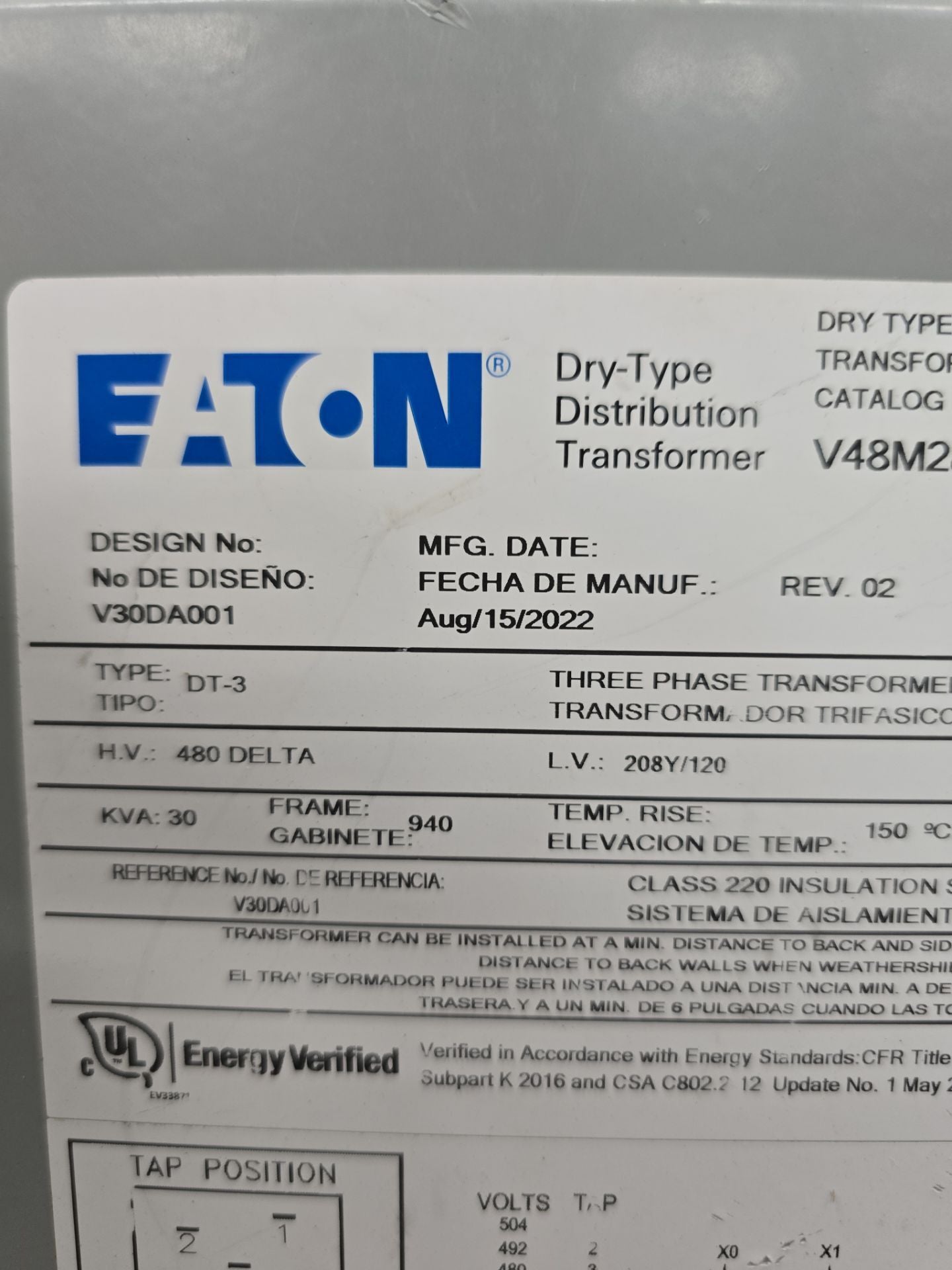 30kVA Eaton V48M28T3016 Transformer Pri 480V Sec 208/120V 3PH Indoor T275 G02S04 Used