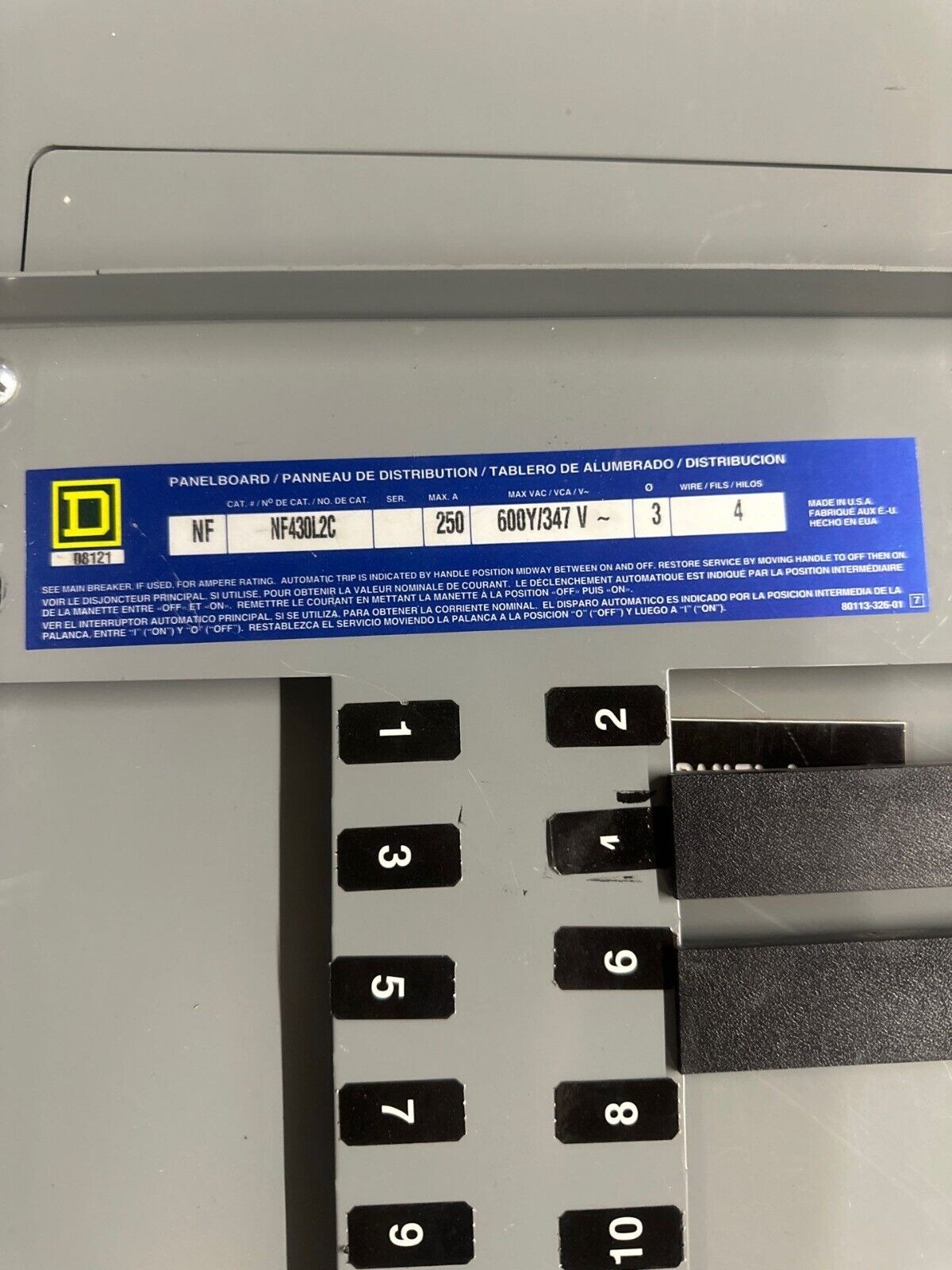 Square D NF430L2C NF Panelboard 250A 600Y/347V 3PH 4W 30 Circuit Indoor Encl MLO P468 Used