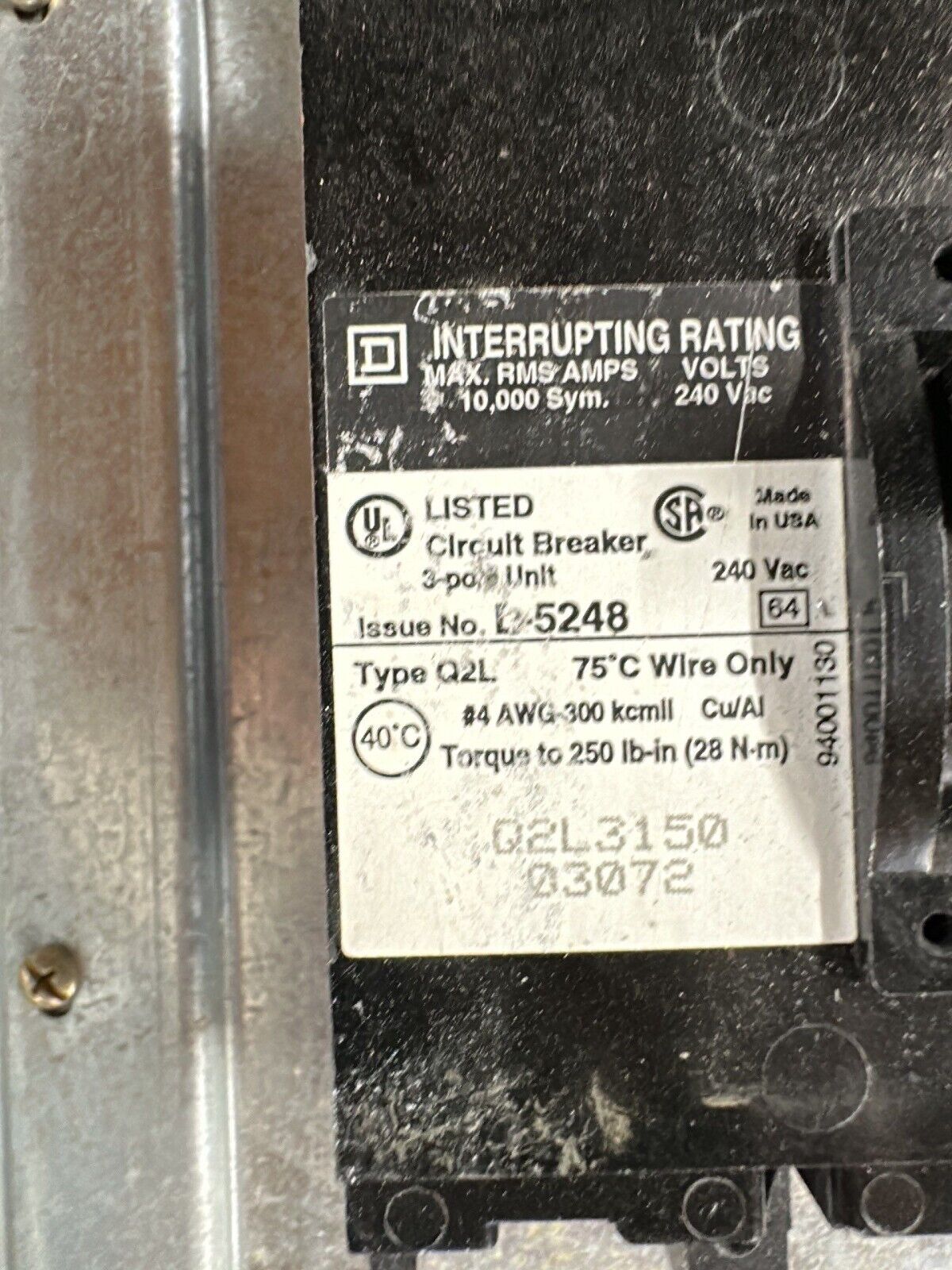 Square D NQOD Panelboard 150A 208Y/120V 3PH 4W 42 Circuit 150 Amp MCB Q2L3150 P247 Used