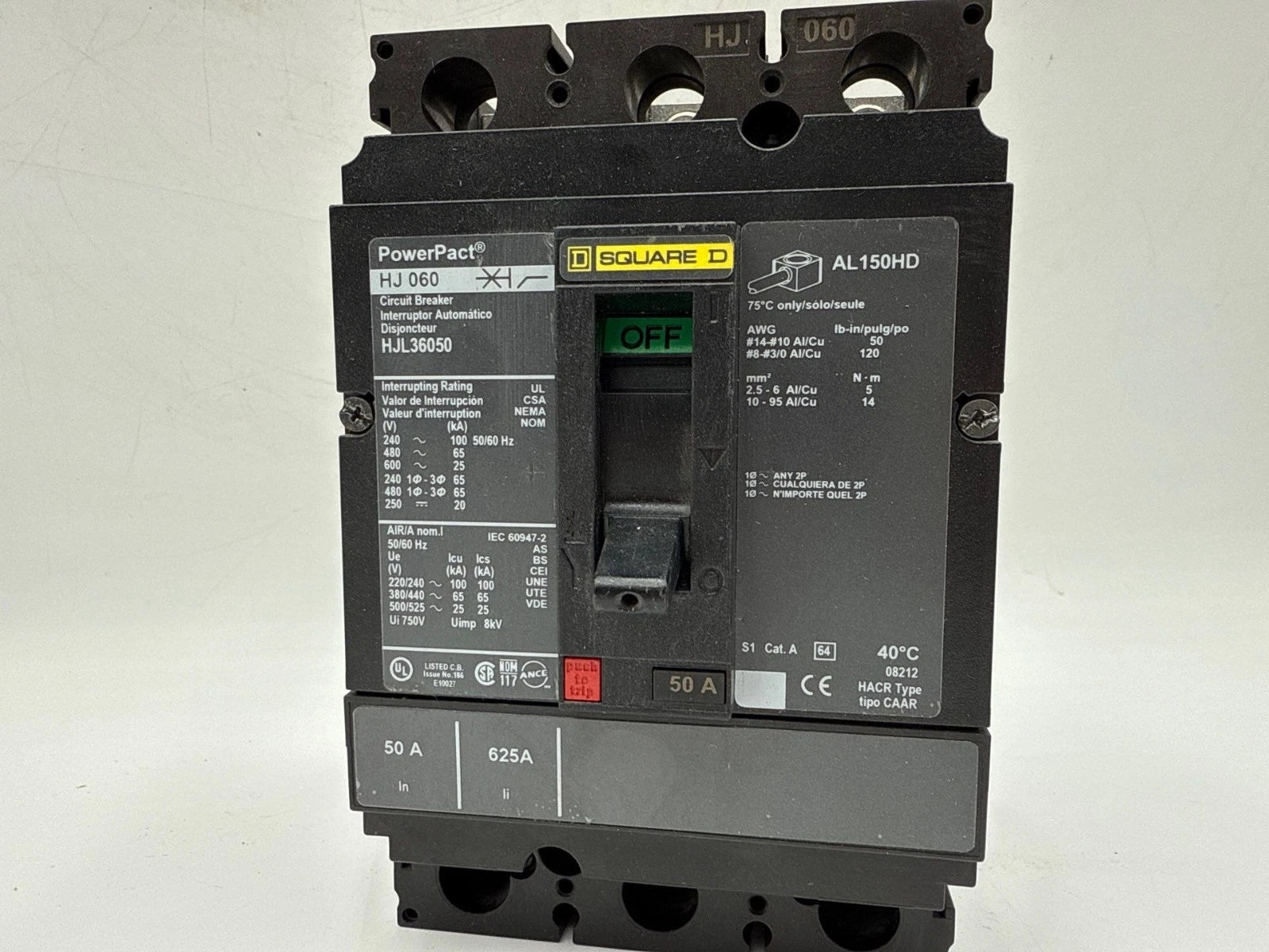 Square D HJL36050 Circuit Breaker 50A 3P 600V 3PH HJL 50 Amp 3 Pole PowerPact HJ
