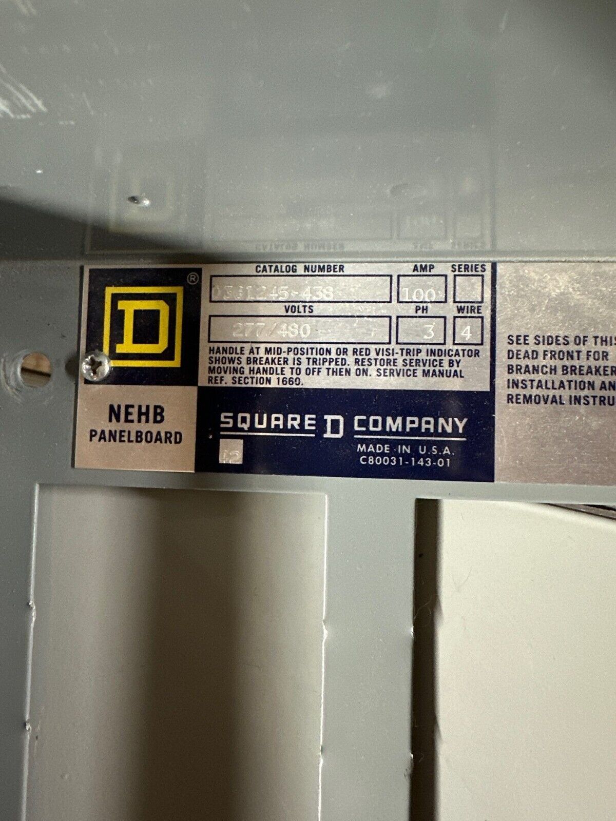 Square D NEHB Panelboard 100A 277/480V 3PH 4W Indoor Encl 30 Cir MLO Main Lug P001 Used