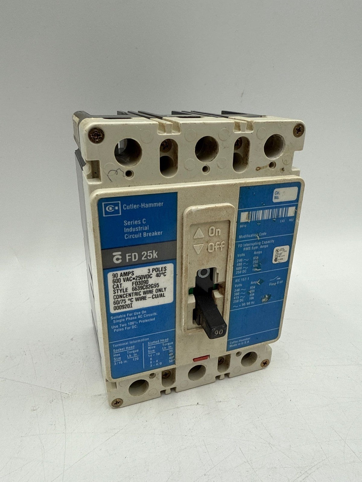Cutler Hammer FD3090 Circuit Breaker 90A 3P 600V 3PH FD 25k 90 Amp 3 Pole Used