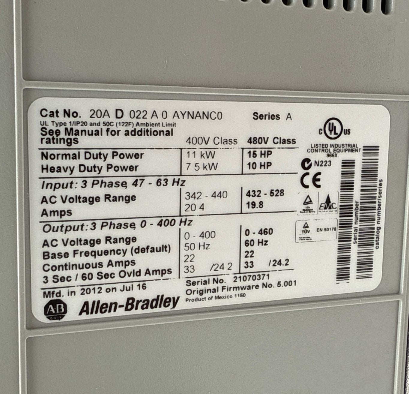 Allen Bradley 20AD022A0AYNANC0 PowerFlex 70 Drive 10 15 HP Series A 480V VFD New