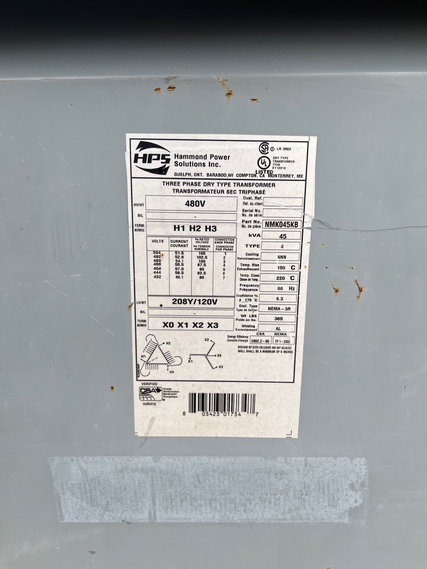 45KVA Hammond NMK045KB Transformer Pri 480V Sec 208/120V 3PH 3R Encl Used