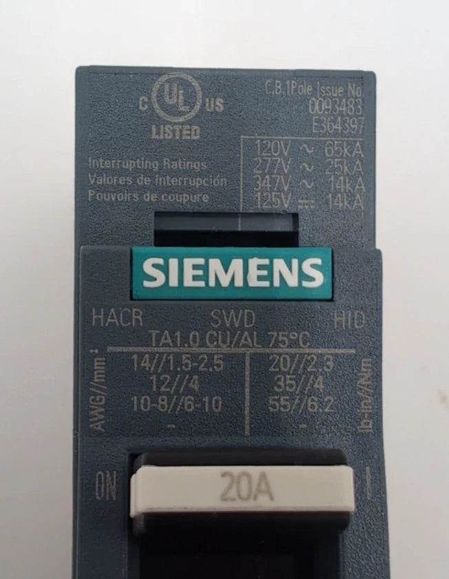 Siemens 3VA4120-4ED14-0AA0 Circuit Breaker 20A 277V 1P Bolt On 20 Amp 1 Pole New