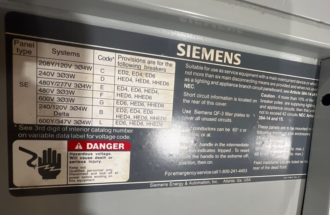 Siemens SEE42ML400CTS SE Panelboard 400A 480Y/277V 3PH 4W 42 Circuit MLO SBD68 P271 Used