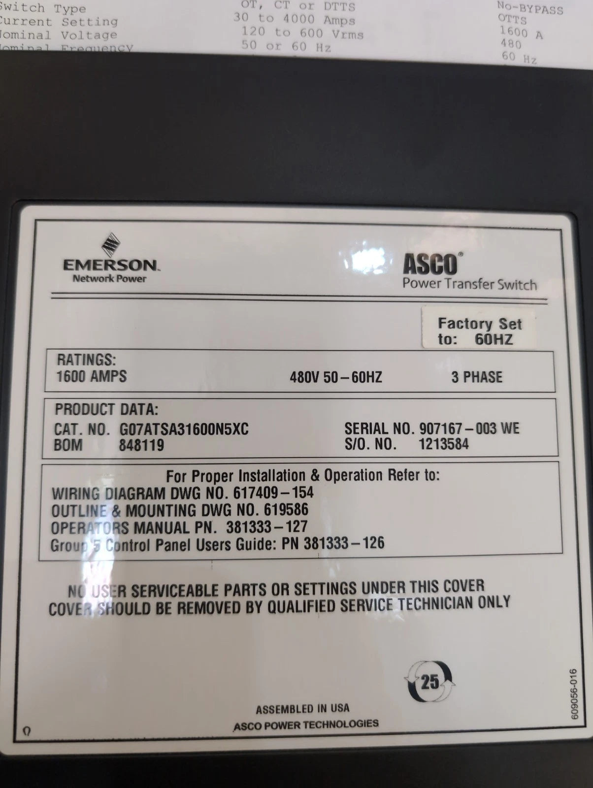 ASCO 7000 Series Automatic Transfer Switch 1600 Amp 480V 3PH G07ATSA31600N5XC Used