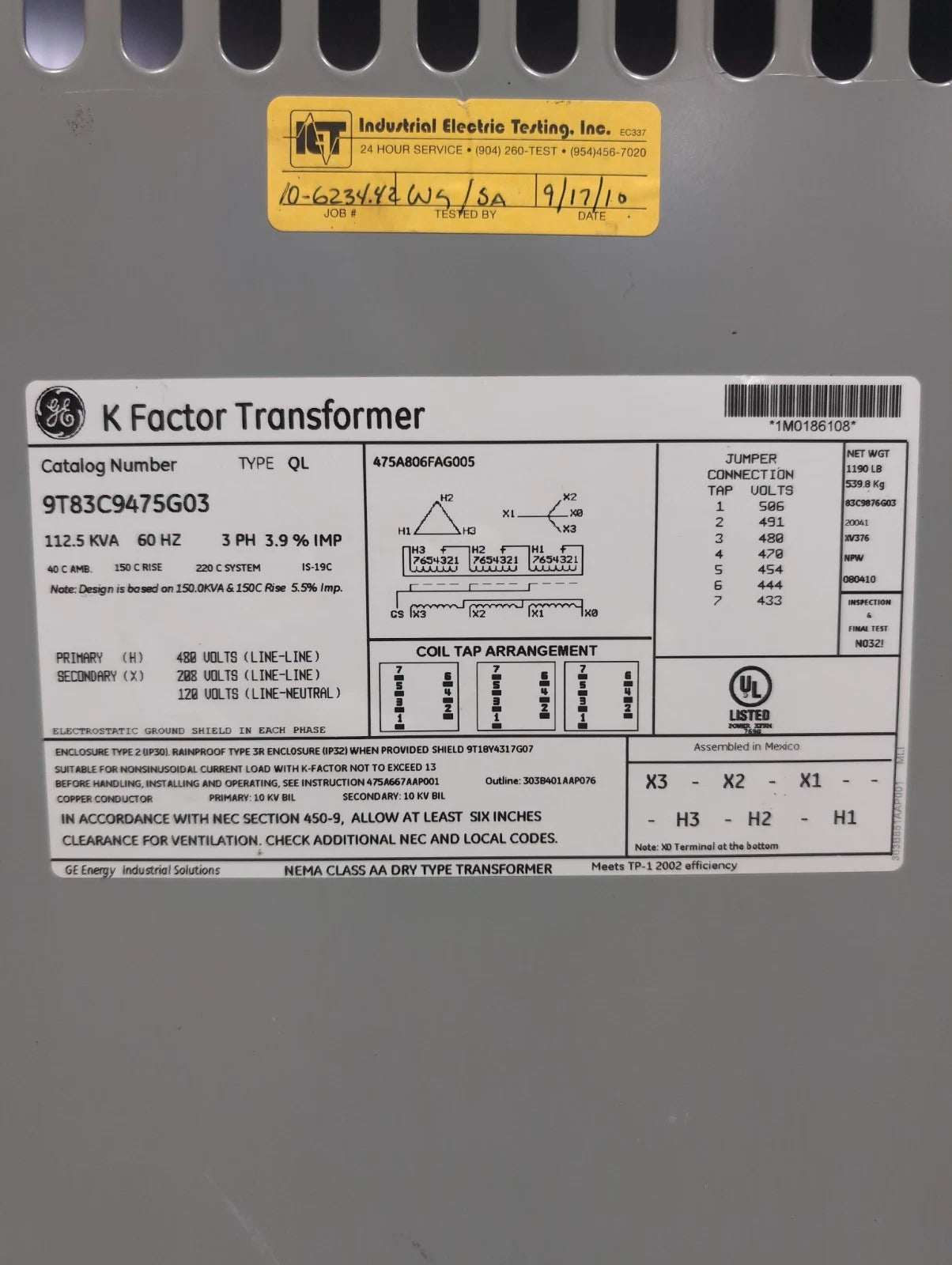 112.5 kVA General Electric 9T83C9475G03 Transformer 480V 208/120V 3PH Type 3R Used