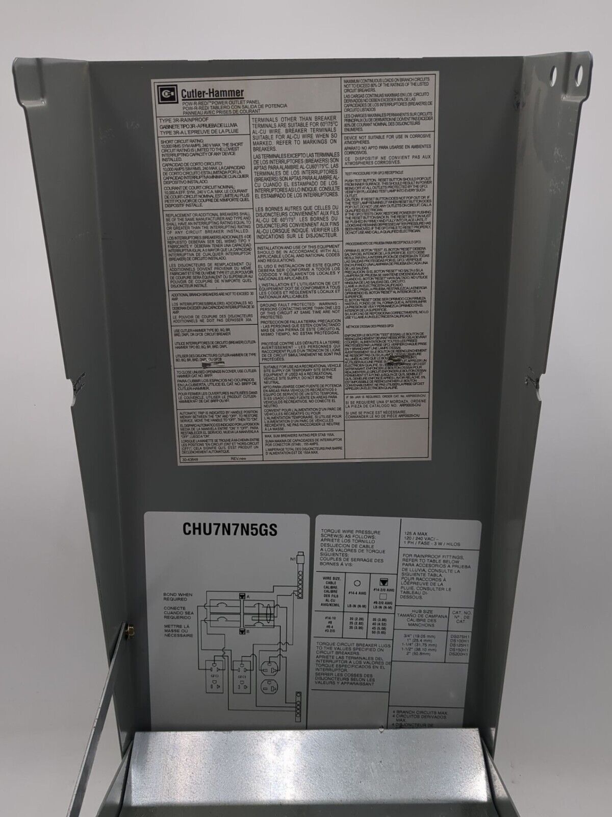 Eaton CHU7N7N5GS 125A Type 3R 120/240VAC Pedestal Mount Power Outlet Panel New