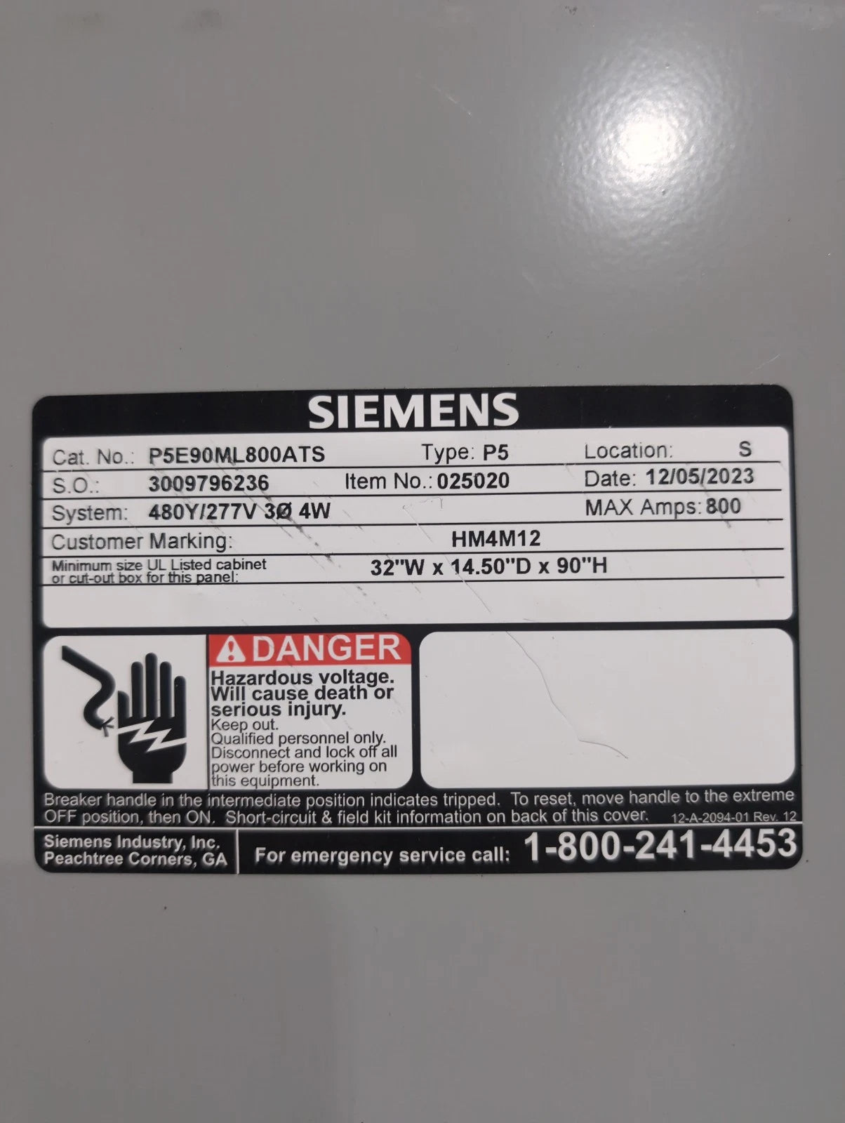 Siemens P5 Panelboard P5E90ML800ATS 800A 480/277V 3PH 4W MLO Panel 800 Amp New