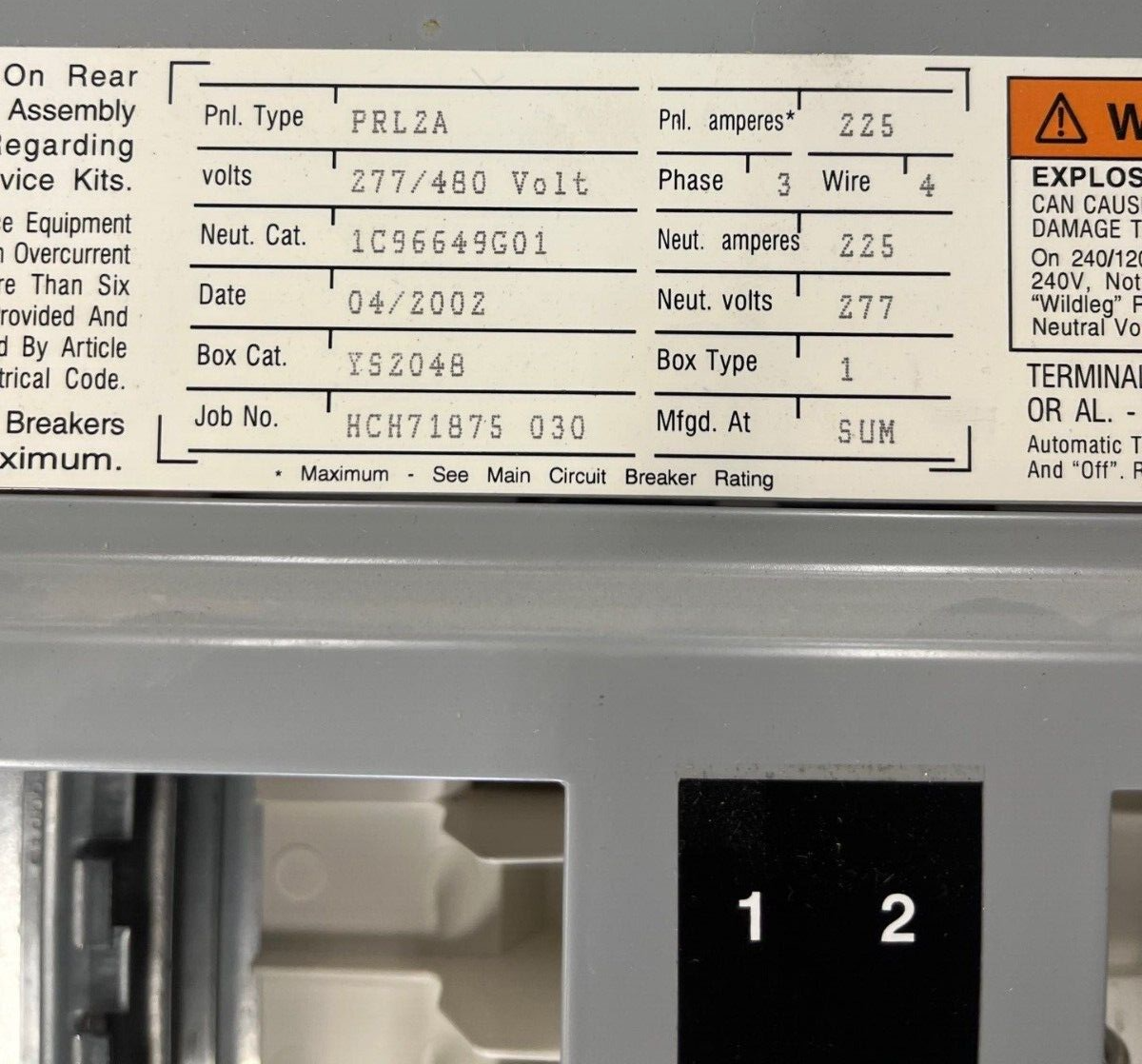 CH PRL2A Panelboard 225A 277/480V 4W 3PH MLO Indoor Enclosure YS2048 42 Circuit P594 Used
