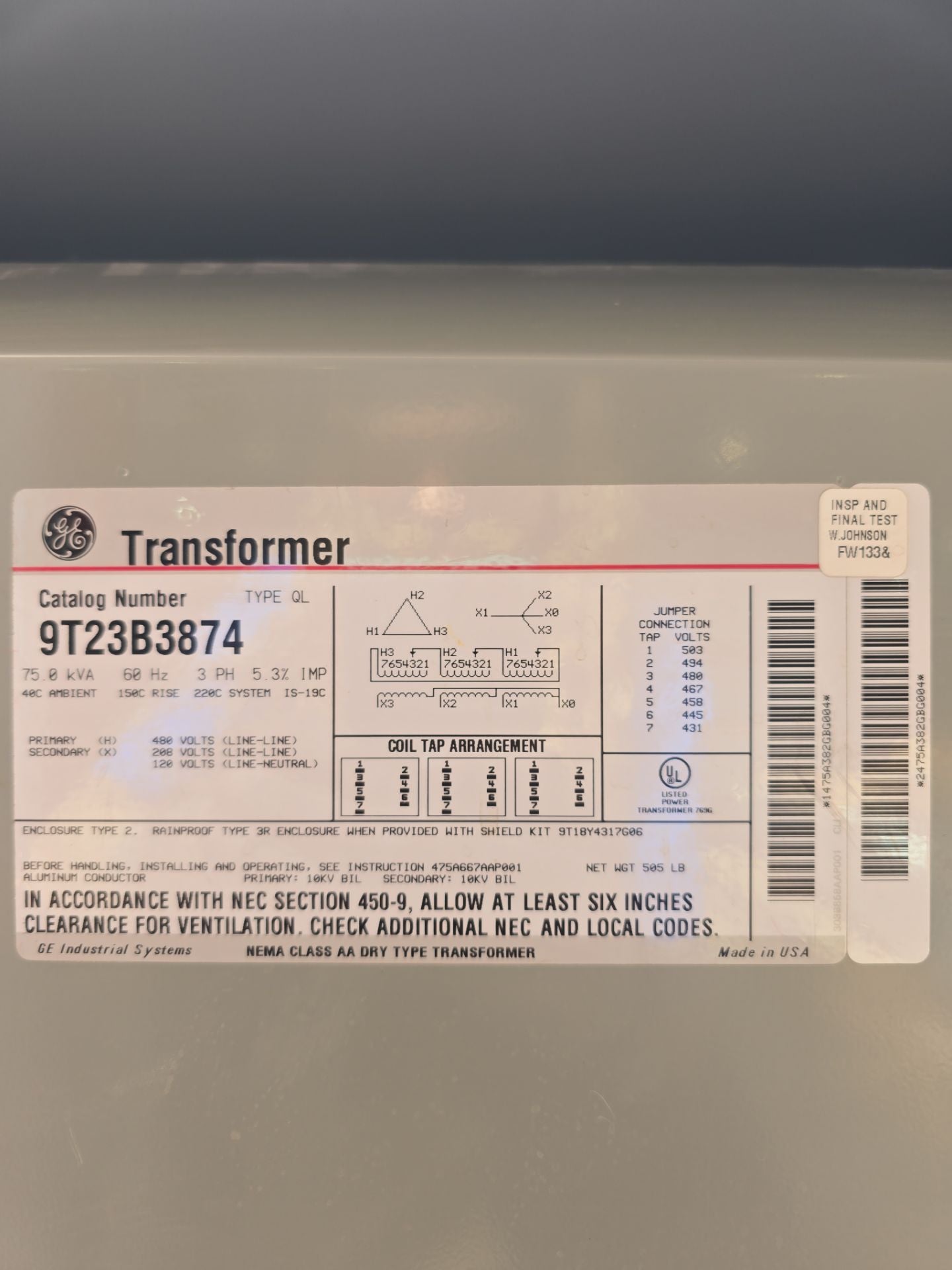 75KVA GE 9T23B3874 Transformer Pri 480V Sec 208/120V 3PH Indoor Encl Type QL Used