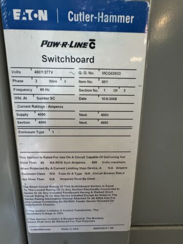 3000 Amp 480/277V Switchboard Main Breaker Eaton Cutler Hammer 300A Used