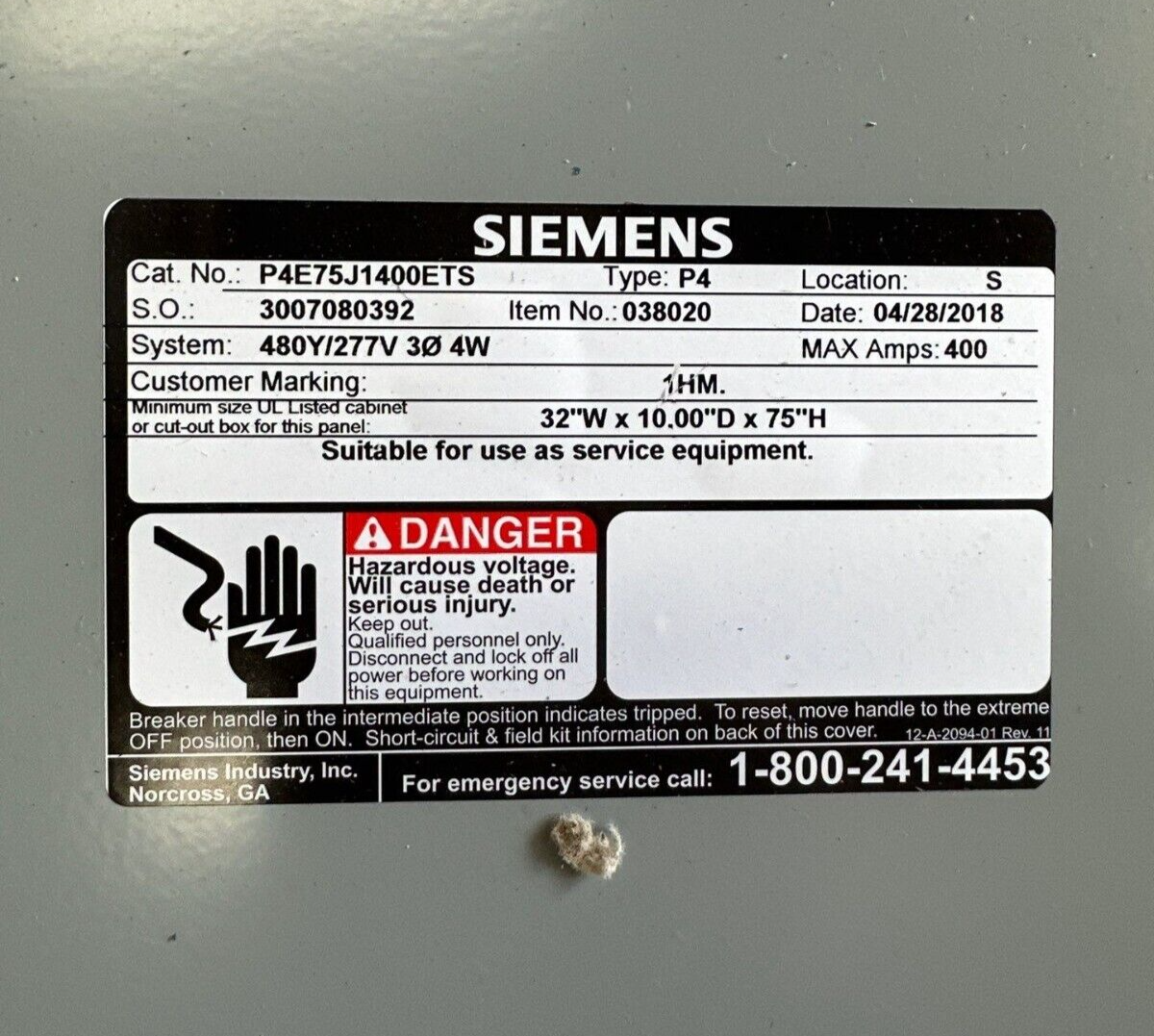 Siemens P4E75J1400ETS P4 Panelboard 400A 480/277V 3PH 4W 30 Cir Indoor Encl MCB P025-NS New
