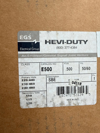 0.500kVA EGS Hevi-Duty E500 Transformer Pri 220/440V Sec 110V 1PH New