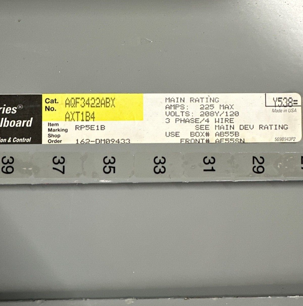 GE AQF3422ABX Panelboard 225A 208Y/120V 3PH 4W Indoor Encl MCB 42 Cir TQD32150 P014 Used
