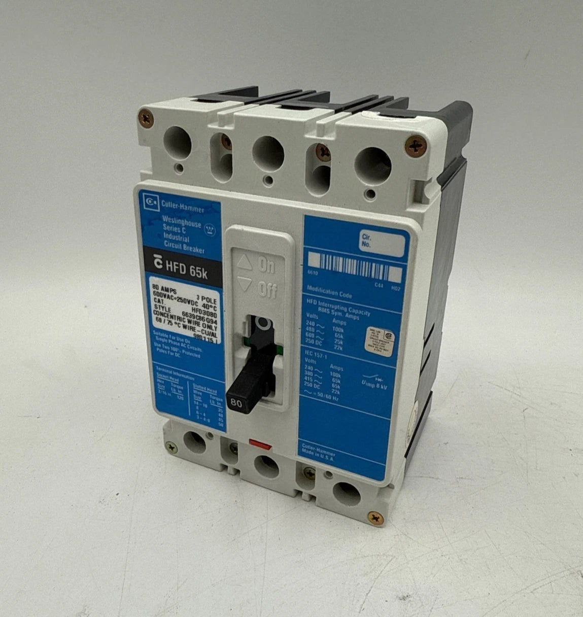 Cutler Hammer HFD3080 Circuit Breaker 80A 3P 600V 3PH HFD 65k 80 Amp 3 Pole Used
