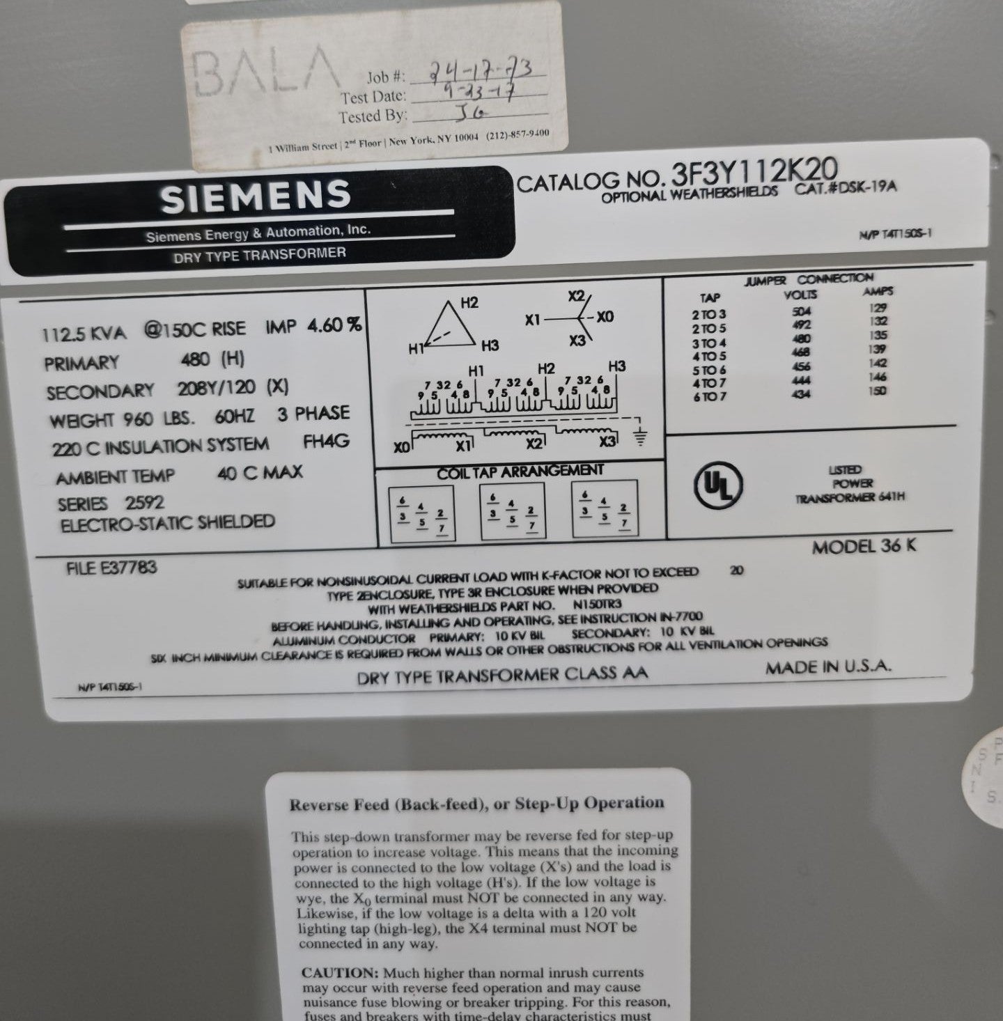 112.5kVA Siemens 3F3Y112K20 Transformer 3PH Pri 480V Sec 208/120V Indoor T267 Used