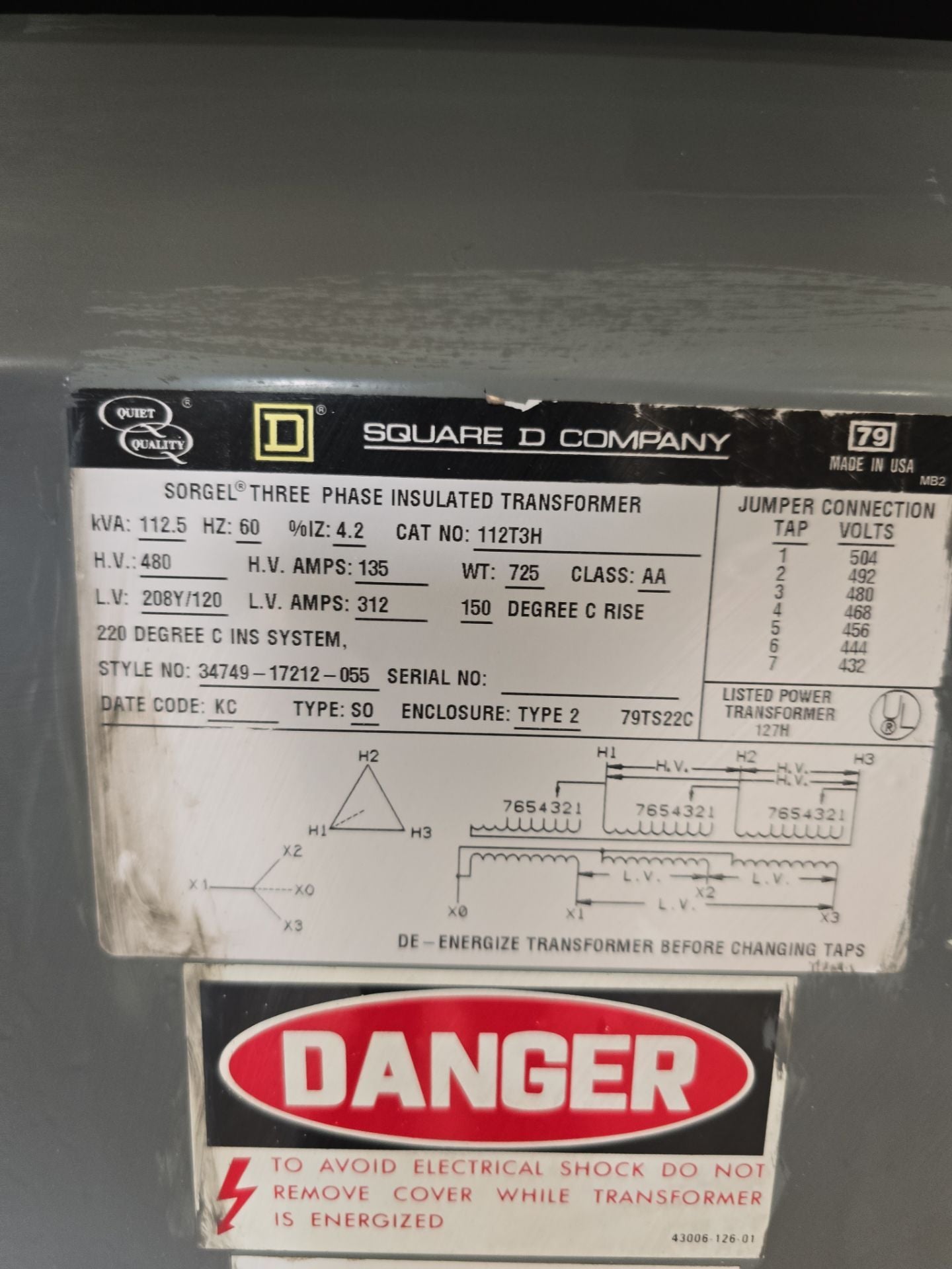 112.5 kVA Square D 112T3H Transformer Pri 480V Sec 208/120V 3PH Indoor Used