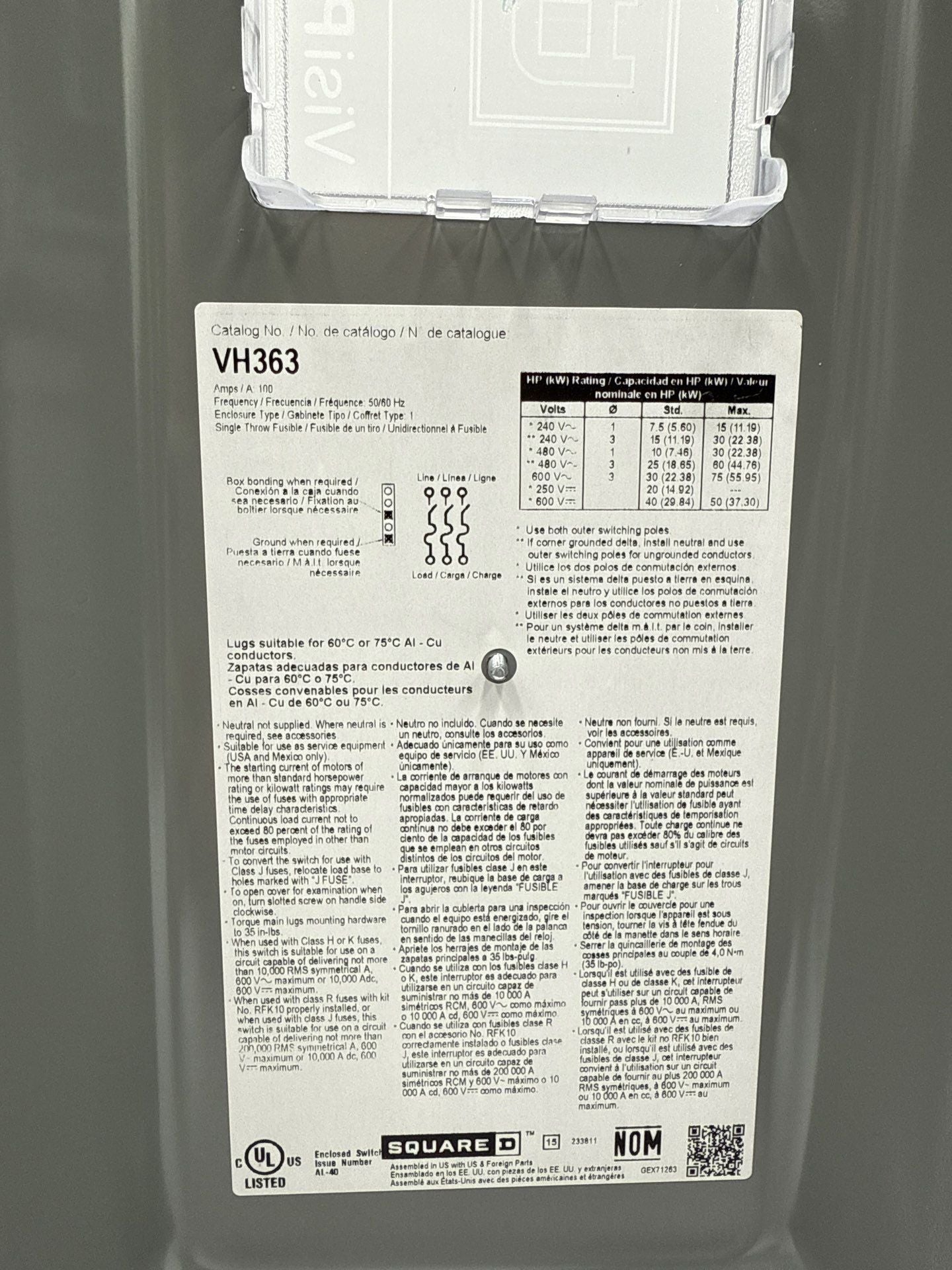 Square D VH363 Safety Disconnect Switch 100A 3P 600V VisiPacT Type 1 Indoor New