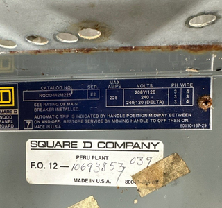Square D NQOD Panelboard 225A 208/120V 3PH 4W Indoor Encl Q2L3100 MCB 42 Circuit P380 Used