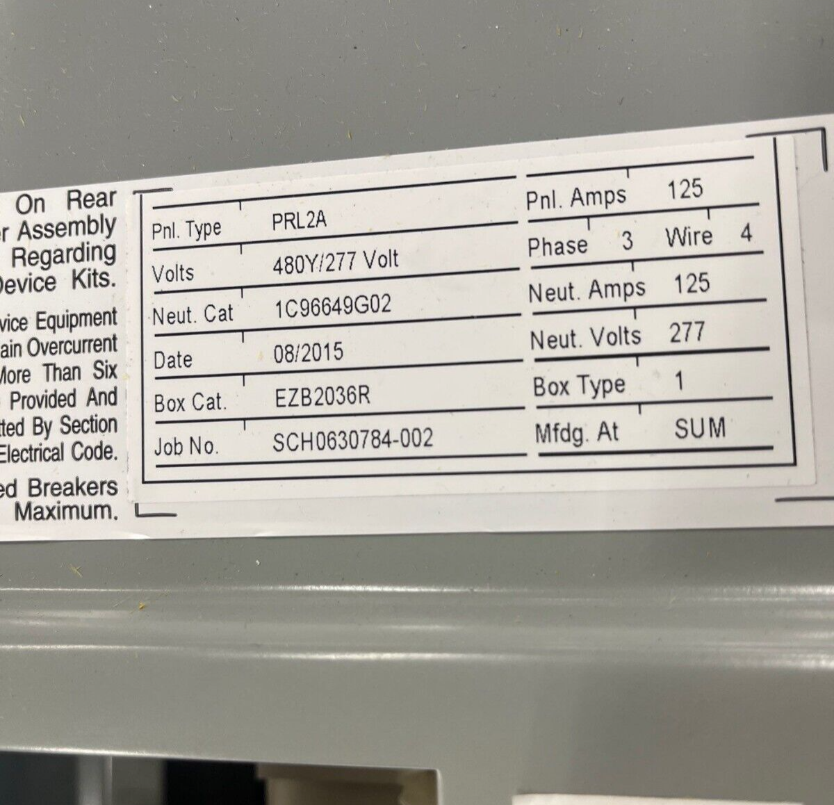 Eaton PRL2A Panelboard 125A 480/277V 3PH 4W Indoor Encl MLO 18 Circuit EZB2036R P598 Used