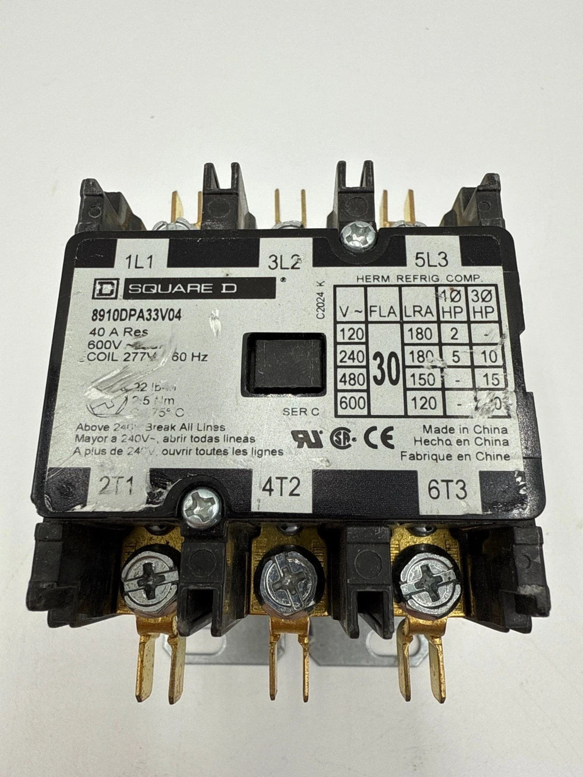 Square D 8910DPA33V04 Definite Purpose Contactor 40A 3P 600V Coil 277V 3PH 20HP Used