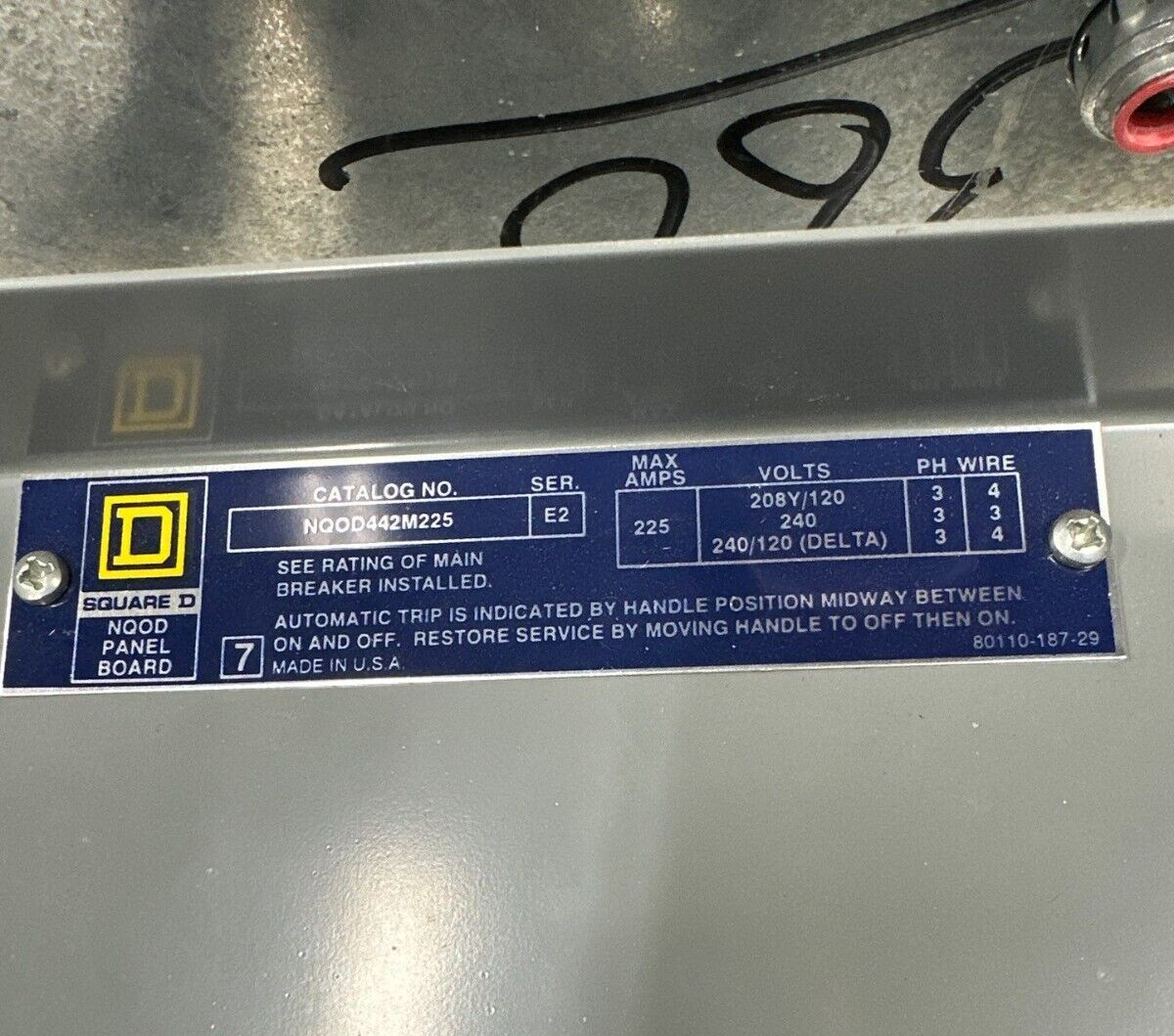 Square D NQOD Panelboard 225A 208/120V 3PH 4W MCB Panel 42 Circuit Indoor Encl P351 Used