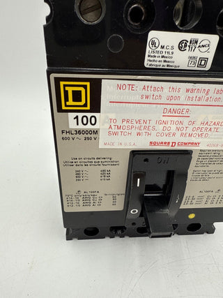 Square D FHL36000M Circuit Breaker 100A 3P 600V 3PH FHL 3 pole 100 Amp Used