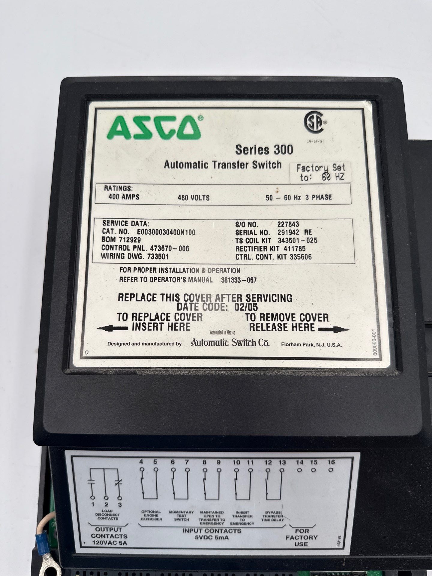ASCO Series 300 Automatic Transfer Switch 400A 480V 60Hz E00300030400N100 Used