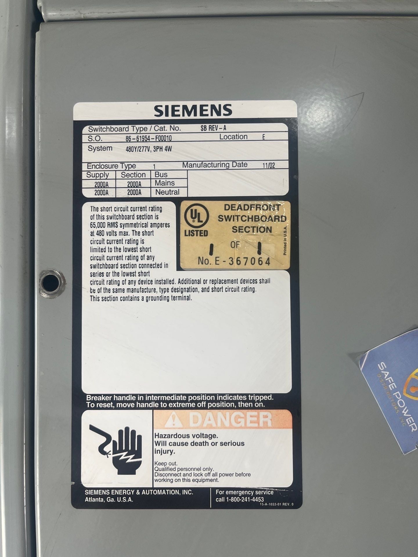 Siemens SB Switchboard 2000A 480/277V 3PH 4W MLO Indoor Encl 2000 Amp Used
