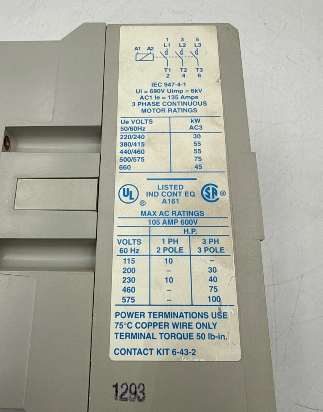 Cutler Hammer CE15MN3 Contactor 105A 3P 600V 3PH 100HP Max Coil 110/120V Used
