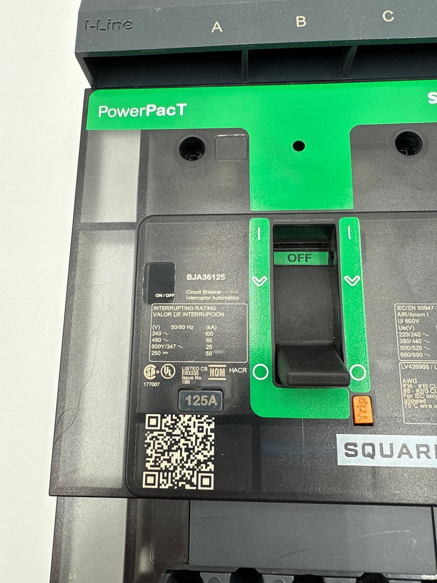 Square D BJA36125 I-Line Circuit Breaker 125A 3P 600V PowerPact 125 Amp 3 Pole Used