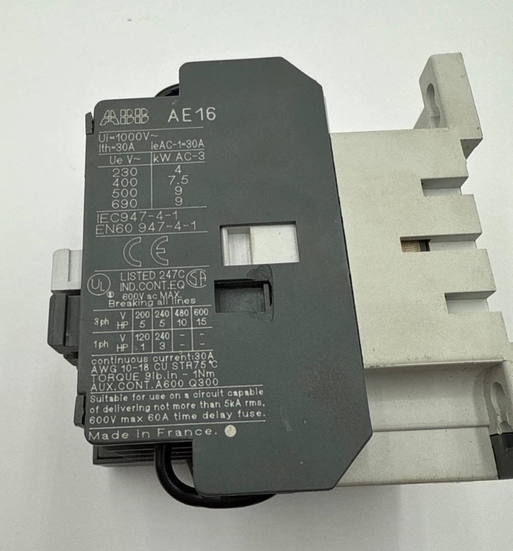 ABB AE16-30-00 Contactor 30A 3P 600V 3PH 15HP Coil 24VDC DIN Rail Used