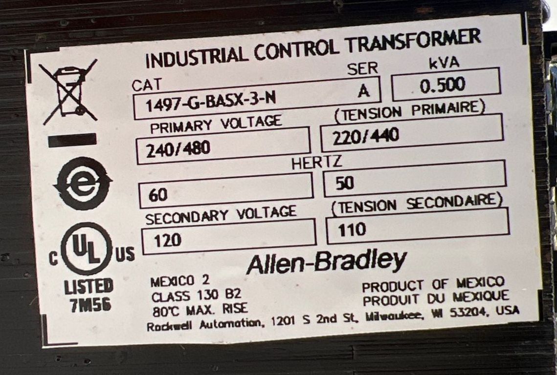 Allen Bradley 1497-G-BASX-3-N Control Power Transformer 0.500kVA Pri 240/480V Sec 120V Used