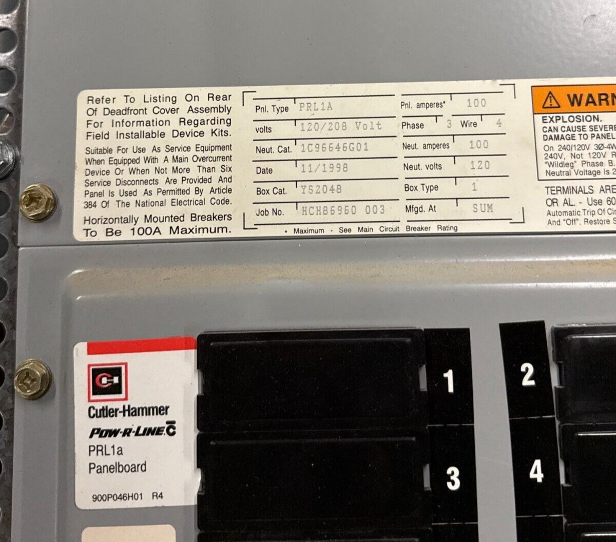 Cutler Hammer PRL1A Panelboard 100A 120/208V 3PH 4W Main EHD3100 MCB Indoor P682 Used