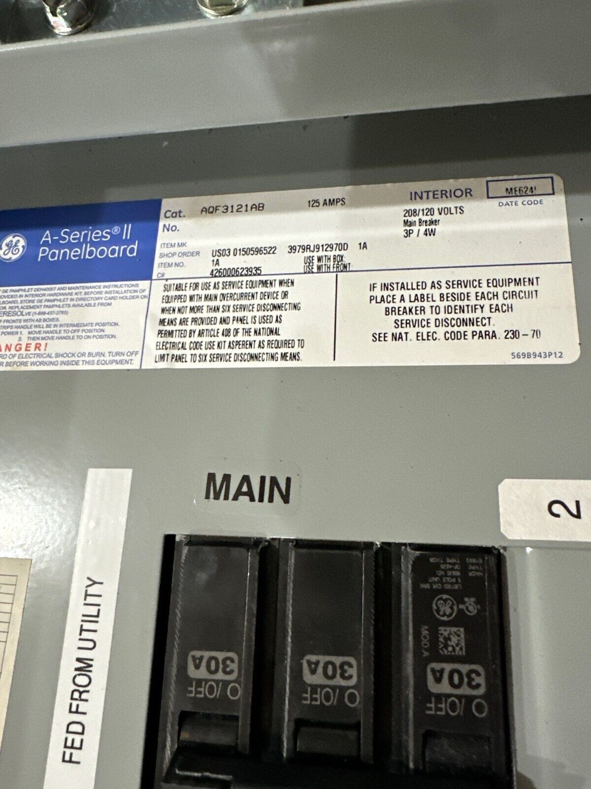 GE AQF3121AB Panelboard 125A 208/120V 3PH 4W 3R Outdoor Encl MCB Main 30 Amp P484 Used