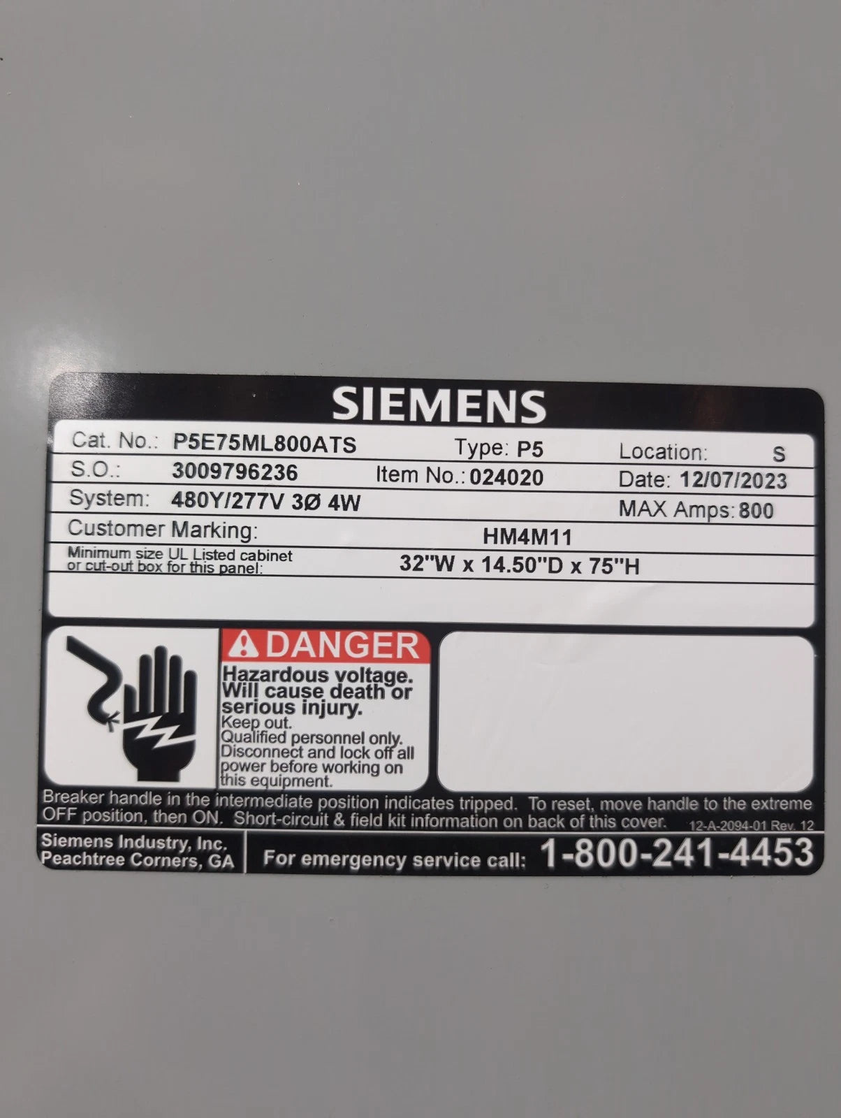Siemens P5 Panelboard P5E75ML800ATS 800A 480/277V 3PH 4W 800 Amp MLO Panel New New