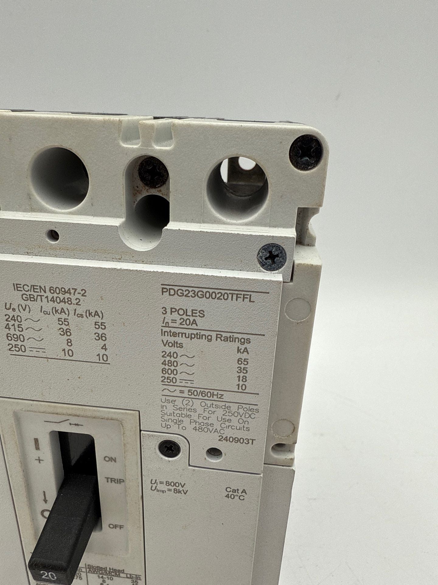 Eaton PDG23G0020TFFL Circuit Breaker 20A 600V 3P Bolt On 20 Amp 3 Pole PDG2 Used