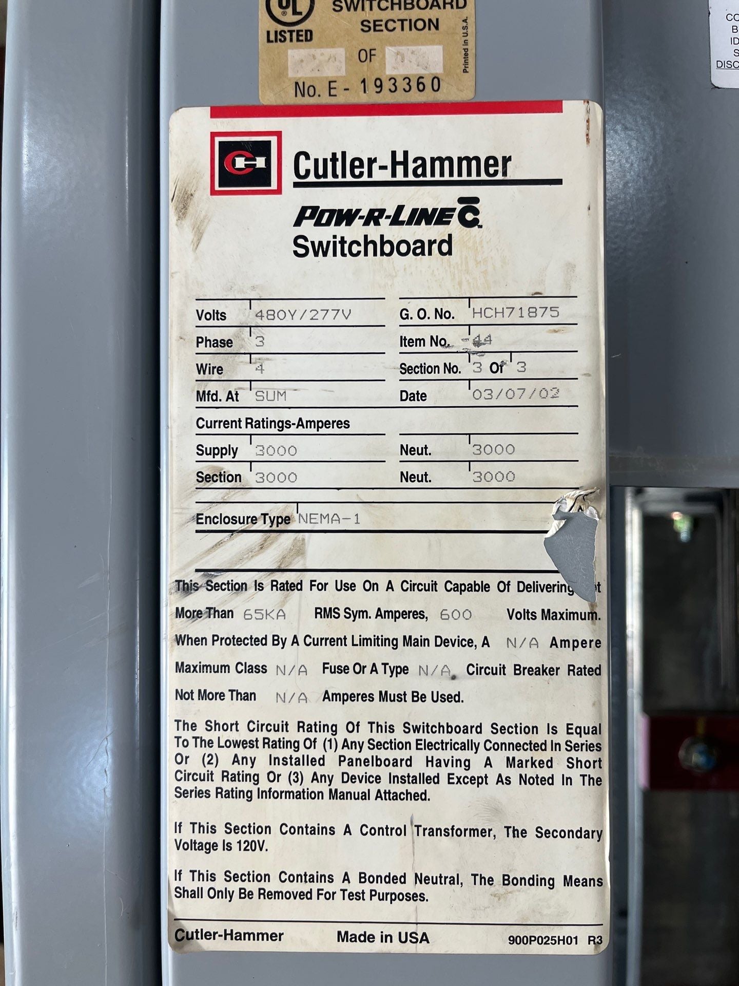 CH PRLC Switchboard 3000A 480/277V 3PH 4W 3000 Amp MCB W/ Distribution Used
