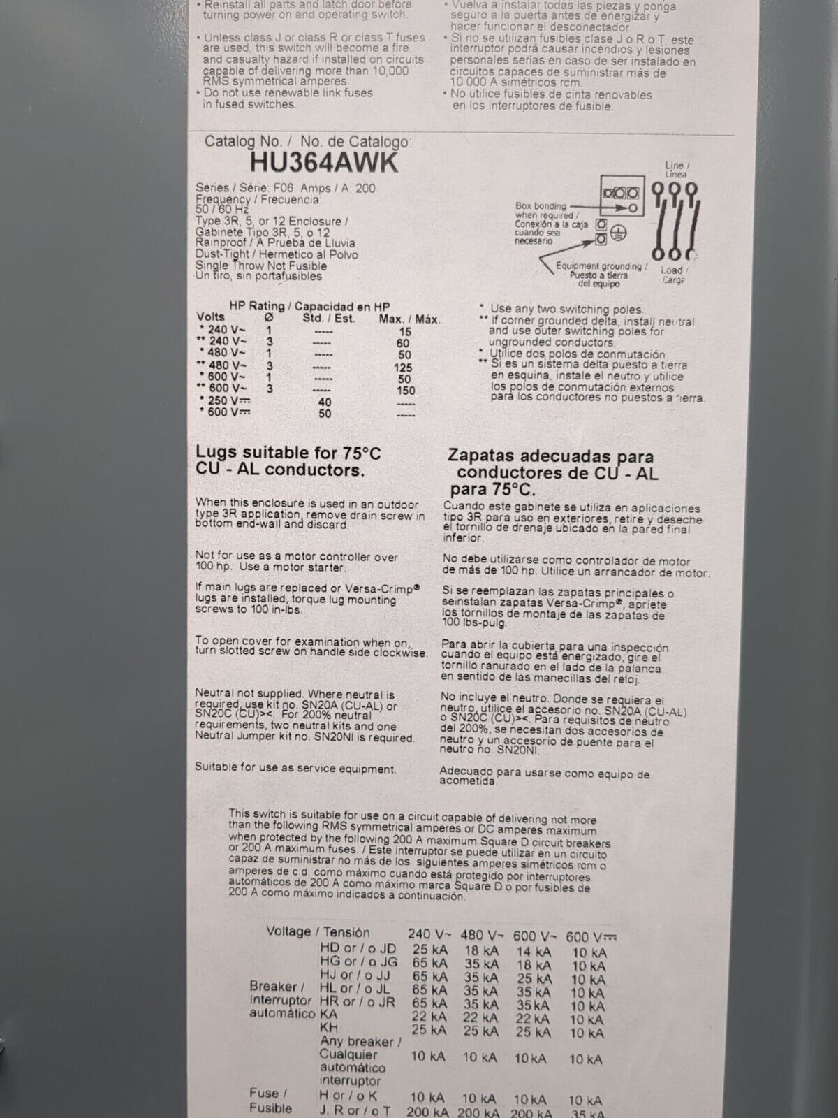 Square D HU364AWK Used