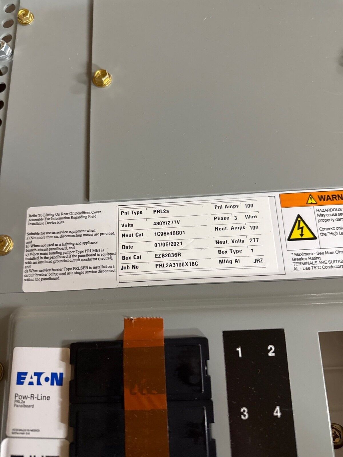 Eaton PRL2A3100X18C Panelboard Interior 100A 480/277V 3PH 18 Circuit PRL2A New