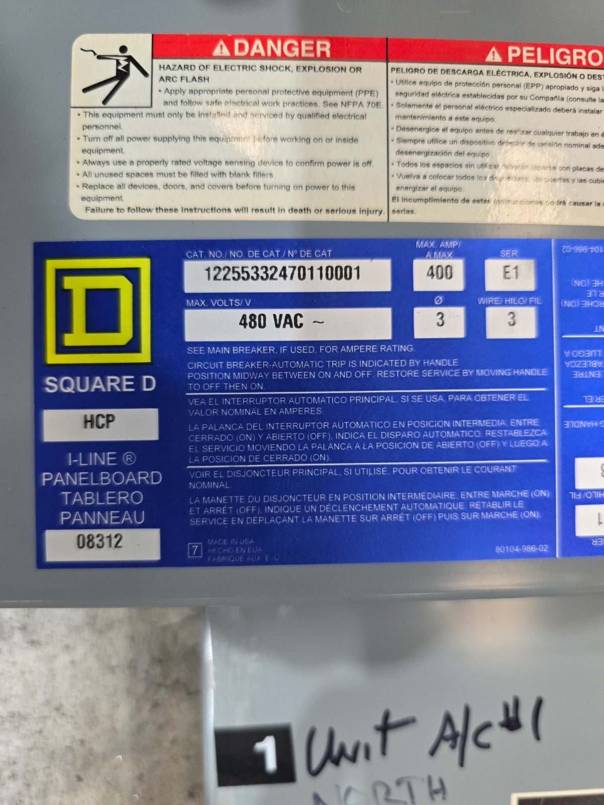 Square D HCP I-Line Panel 400A 480V 3PH 3W MCB 400 Amp LI36400 3R Encl 66 Cir Used
