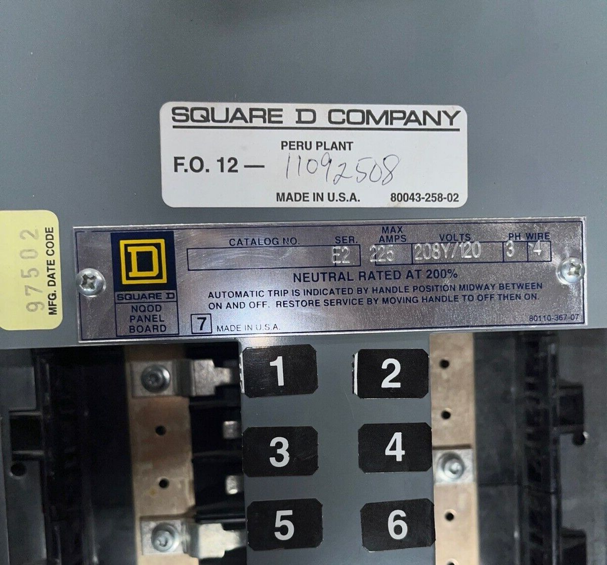 Square D NQOD Panelboard 225A 208/120V 3PH 4W Indoor Encl MCB 42 Cir KCL34225 P565 Used